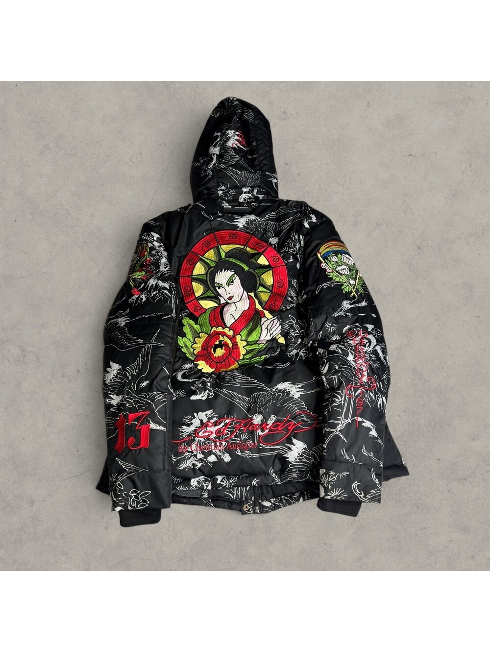 Vtg Ed Hardy RECCO Avalanche Rescue Christian Audigier Down Feather Puffer Coat
